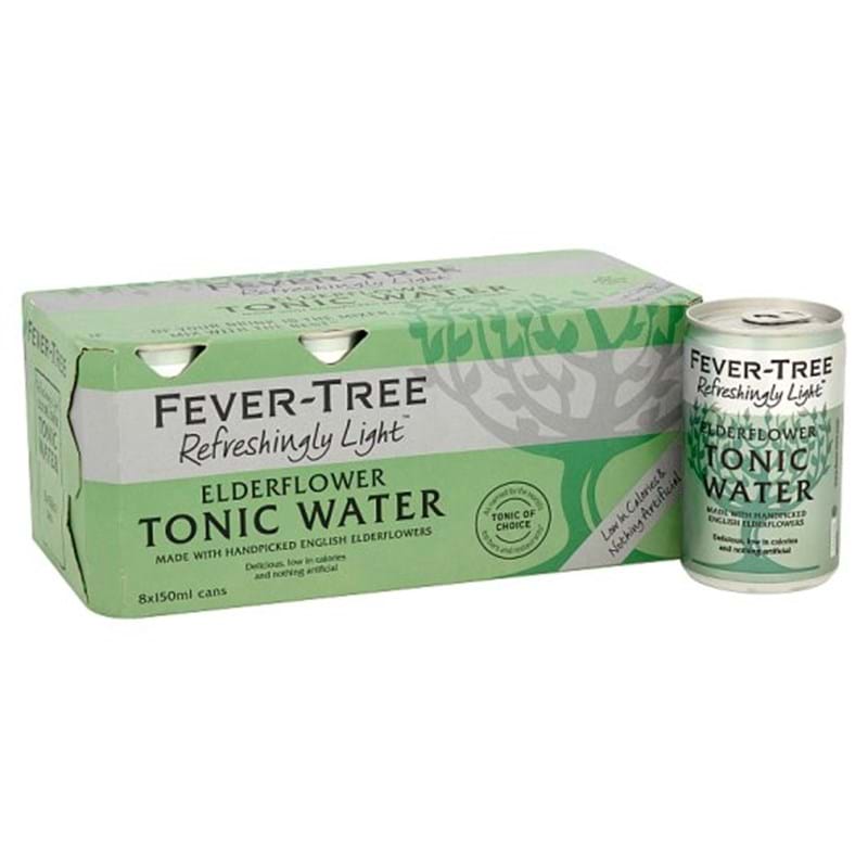 FEVER TREE Refreshingly Light Elderflower Tonic Water PACK x 8 Cans (150ml) GF/DF/VEG/VGN Image