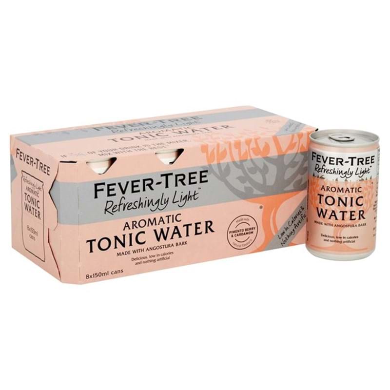 FEVER TREE Refreshingly Light Aromatic Tonic Water PACK x 8 Cans (150ml) GF/DF/VEG/VGN Image