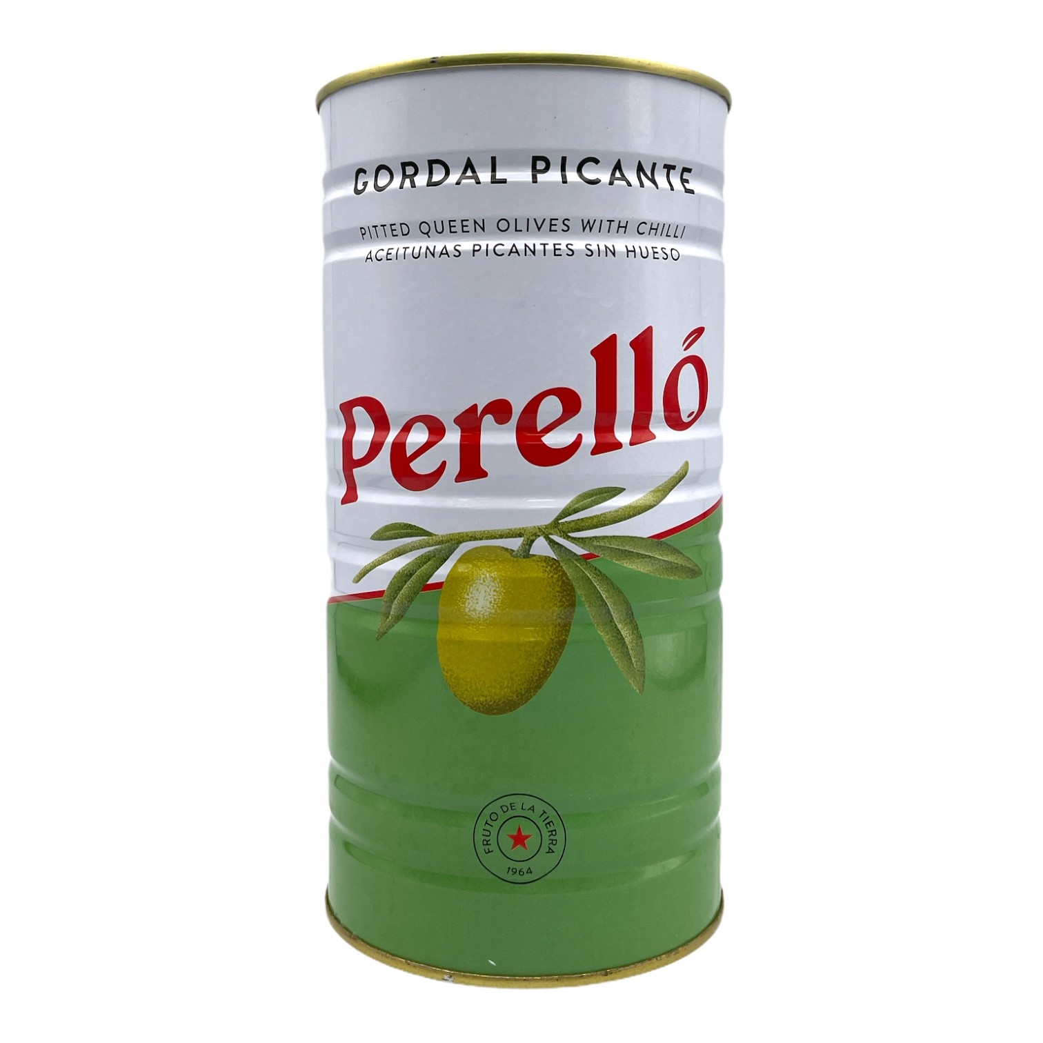 PERELLO Gordal Picante Pitted Olives 1.44kg Can (600g Drained) (£1.66/100g) Image