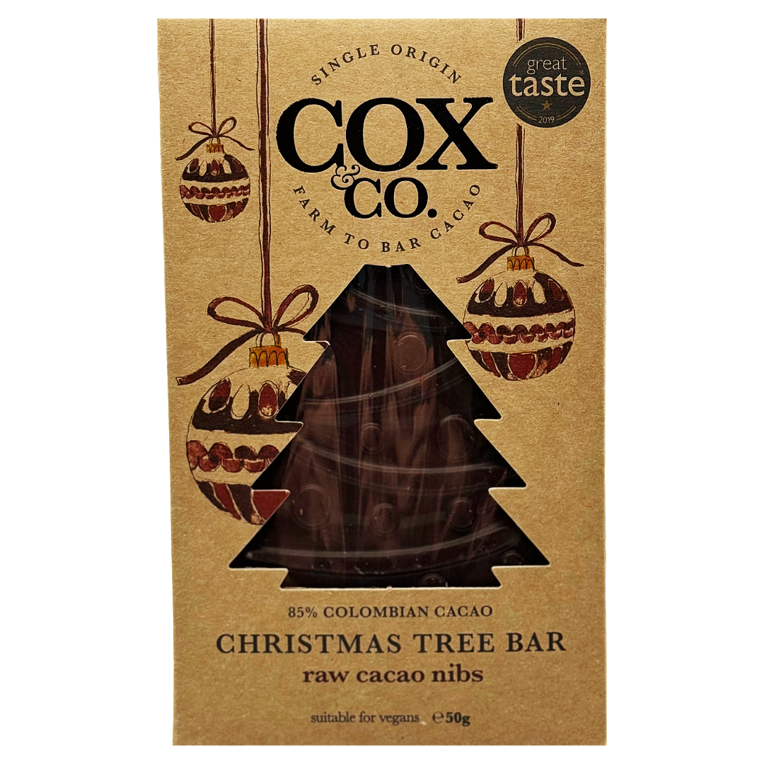 COX & CO Raw Cocoa Nibs 85% Cacao Christmas Tree Bar 50g (Christmas) VGN Image