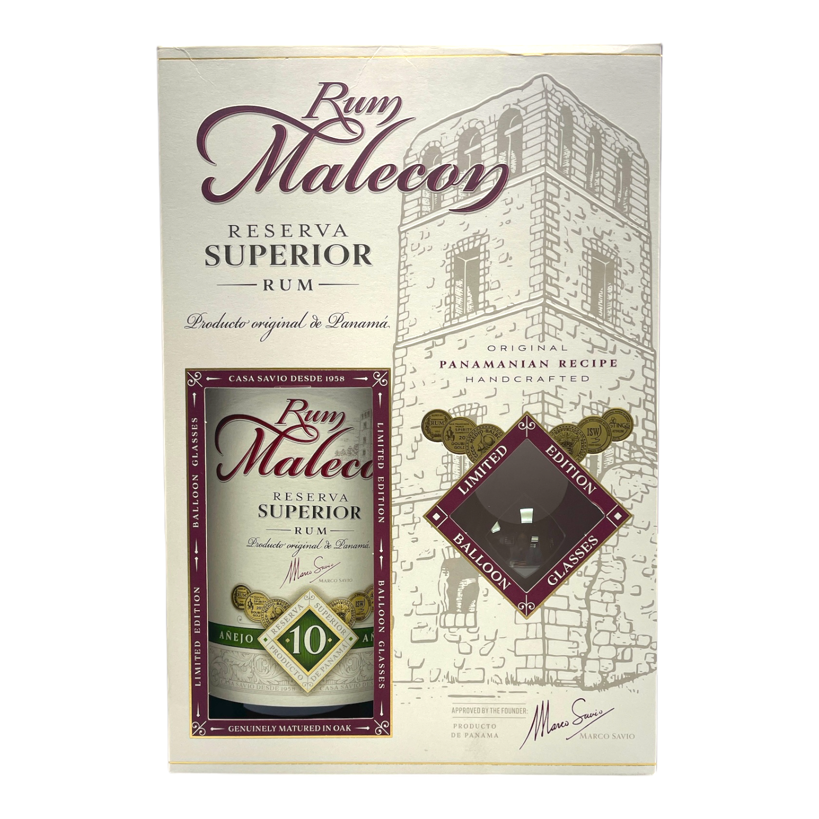 RUM MALECON Reserva Superior Aged 10 Years Panamanian Rum Gift Set with 2 Glasses & Bottle (70cl) 40%abv Image