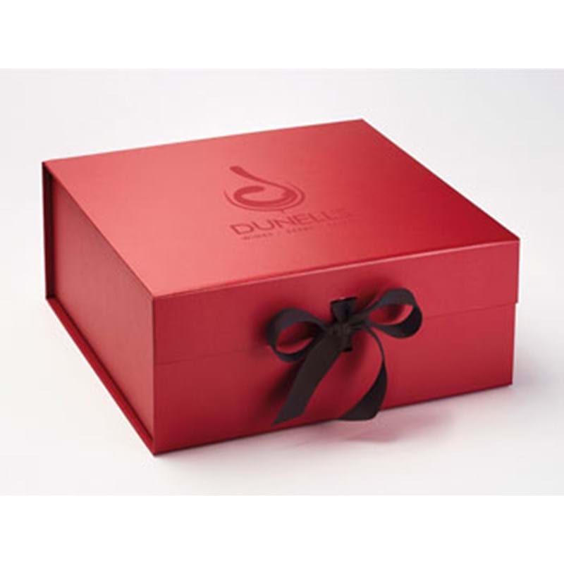 DUNELLS Red XL Deep Debossed Gift Box with Red/Grey Ribbons - NO DISCOUNT Image