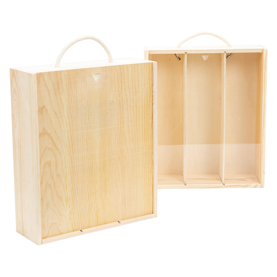 3 BOTTLE Wooden Gift Box with Sliding Lid and rope handle Each (BW03) Image