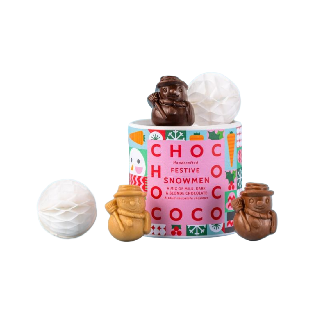 CHOCOCO Handcrafted Assorted 'Festive Snowmen' Tin 100g VEG/GF (Christmas) Image
