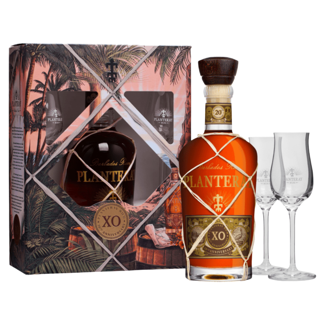 PLANTERAY RUM Barbados XO '20th Anniversary' Barbadian Rum Gift Pack with 2 Glasses (70cl) 40%abv Image